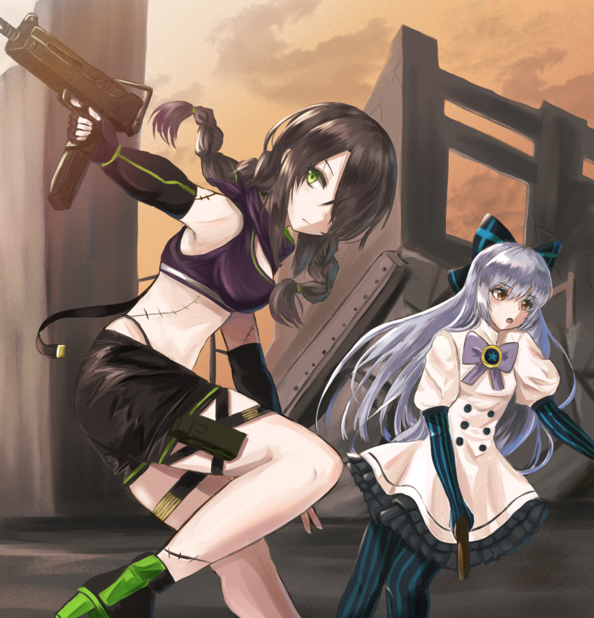 2girls arm_sheath black_bow black_hair blue_legwear bow braid breasts dress girls_frontline gloves green_eyes green_trim gun hair_bow handgun highres juliet_sleeves long_hair long_sleeves mac-10 mac-10_(girls_frontline) midriff multiple_girls partially_fingerless_gloves puffy_sleeves scar short_sleeves silver_hair striped striped_gloves striped_legwear submachine_gun tobi_(mylifekei) tokarev_(girls_frontline) tokarev_tt-33 twin_braids vertical-striped_gloves vertical-striped_legwear vertical_stripes very_long_hair weapon white_dress