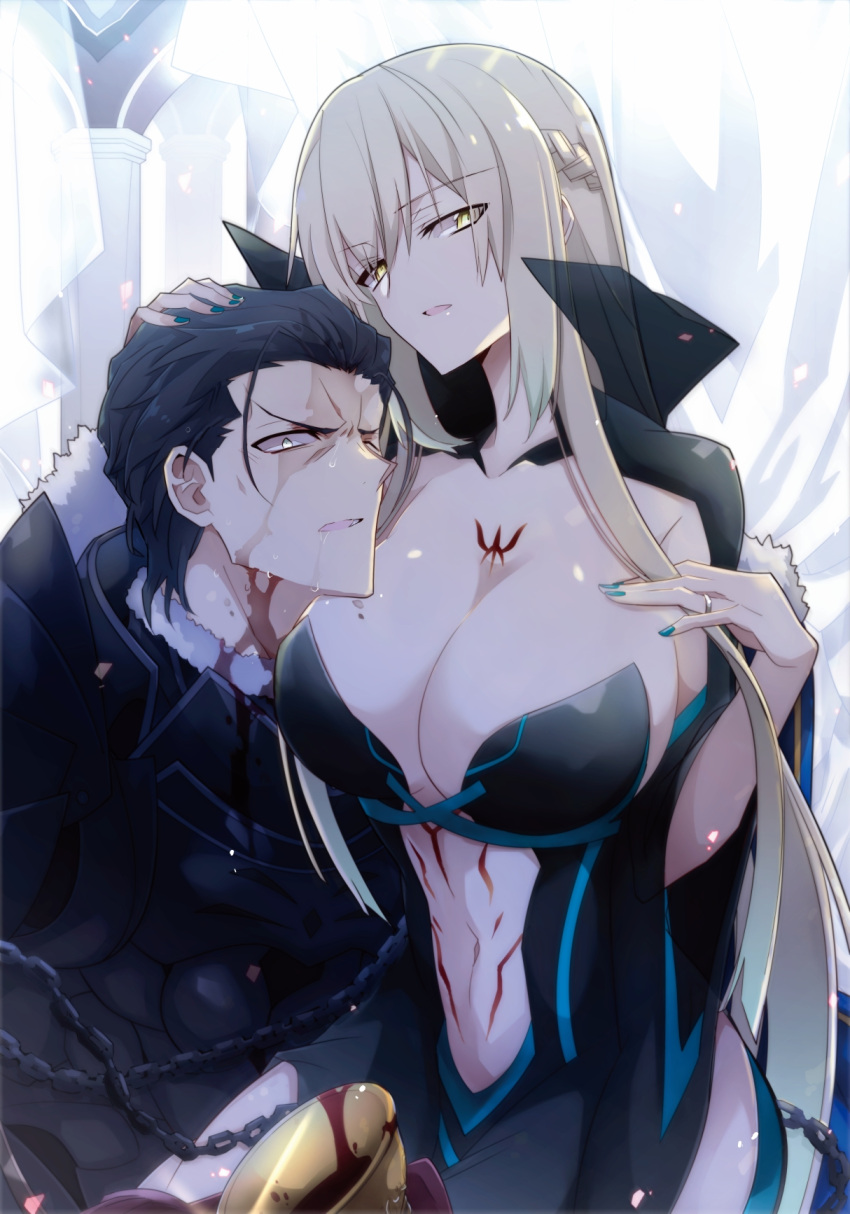 1boy 1girl agravain_(fate) armor bare_shoulders black_armor black_hair blood blood_on_face board_game body_markings braid breasts cape center_opening chalice cheekbones cleavage crown fate/grand_order fate_(series) french_braid fur-trimmed_cape fur_cape fur_trim go grail highres holy_grail_(fate) large_breasts long_hair morgan_le_fay_(fate) navel nogi_(acclima) platinum_blonde_hair revealing_clothes short_hair solo yellow_eyes