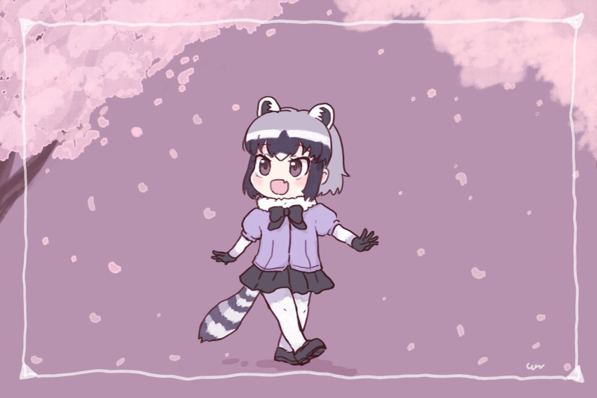 1girl animal_ears black_footwear black_gloves black_neckwear black_skirt blue_hair blue_sweater bow bowtie cherry_blossoms common_raccoon_(kemono_friends) elbow_gloves extra_ears eyebrows_visible_through_hair fang full_body fur_collar gloves kemono_friends multicolored multicolored_clothes multicolored_gloves multicolored_hair open_mouth pantyhose pleated_skirt puffy_short_sleeves puffy_sleeves raccoon_ears raccoon_girl raccoon_tail san_sami short_hair short_sleeves skirt solo sweater tail walking white_fur white_gloves white_hair white_legwear