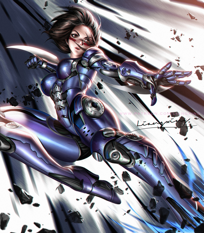 1girl alita arm_blade battle_angel_alita black_hair breasts brown_eyes cyborg debris facial_mark fighting_stance high_heels highres liang_xing lips mechanical_arms medium_breasts metal_skin motion_blur parted_lips science_fiction short_hair solo weapon