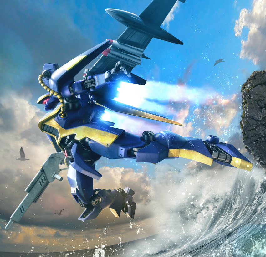 absurdres bird cloud falguen_maffu flying from_side gun highres hiropon_(tasogare_no_puu) holding holding_gun holding_weapon kikou_senki_dragonar looking_ahead mecha mechanical_wings no_humans photo_background science_fiction sky solo visor water weapon wings