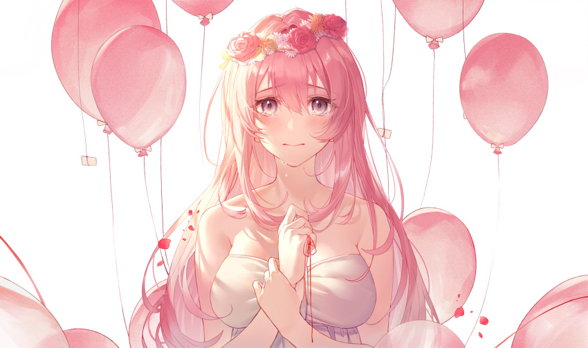 1girl 3: arl balloon bangs bare_arms bare_shoulders blush breasts cleavage closed_mouth collarbone commentary crying crying_with_eyes_open dress english_commentary eyebrows_visible_through_hair flower flower_wreath head_wreath highres just_be_friends_(vocaloid) large_breasts long_hair looking_at_viewer megurine_luka petals pink_flower pink_hair pink_rose purple_eyes red_ribbon ribbon rose simple_background solo strapless strapless_dress string string_of_fate tears very_long_hair vocaloid white_background white_dress