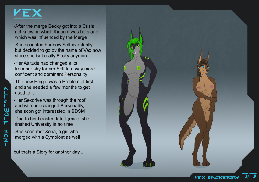 absurd_res alibiwolf angry anthro attack backstory becky bex blue_eyes breasts brown_body brown_fur canid canine canis claws confident crawling dripping duo fangs female female/female fur goo_(disambiguation) goo_transformation green_eyes green_hair green_markings grey_body grey_fur hair hi_res hybrid jackal kneeling liquid mammal markings nude open_mouth paws sabertooth_(disambiguation) scared shy size_difference solo standing symbiont teeth text transformation vex