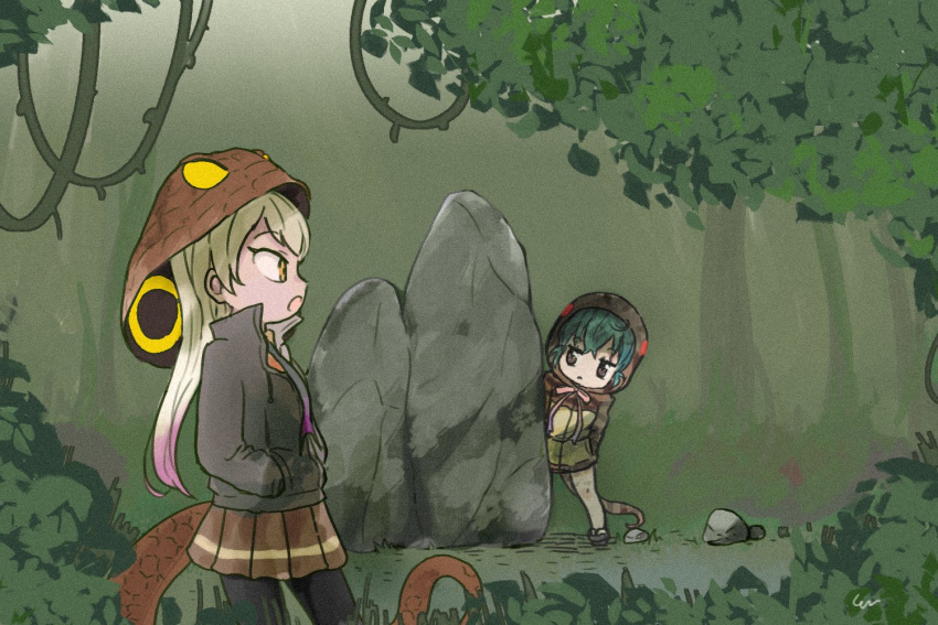 2girls bare_legs black_legwear blonde_hair blue_hair bow bowtie eyebrows_visible_through_hair geta hands_in_pockets hiding hood hoodie jungle kemono_friends king_cobra_(kemono_friends) long_hair long_sleeves multiple_girls nature pantyhose pink_neckwear plant print_hoodie rock san_sami short_hair snake_print snake_tail tail tsuchinoko_(kemono_friends) vines yellow_eyes