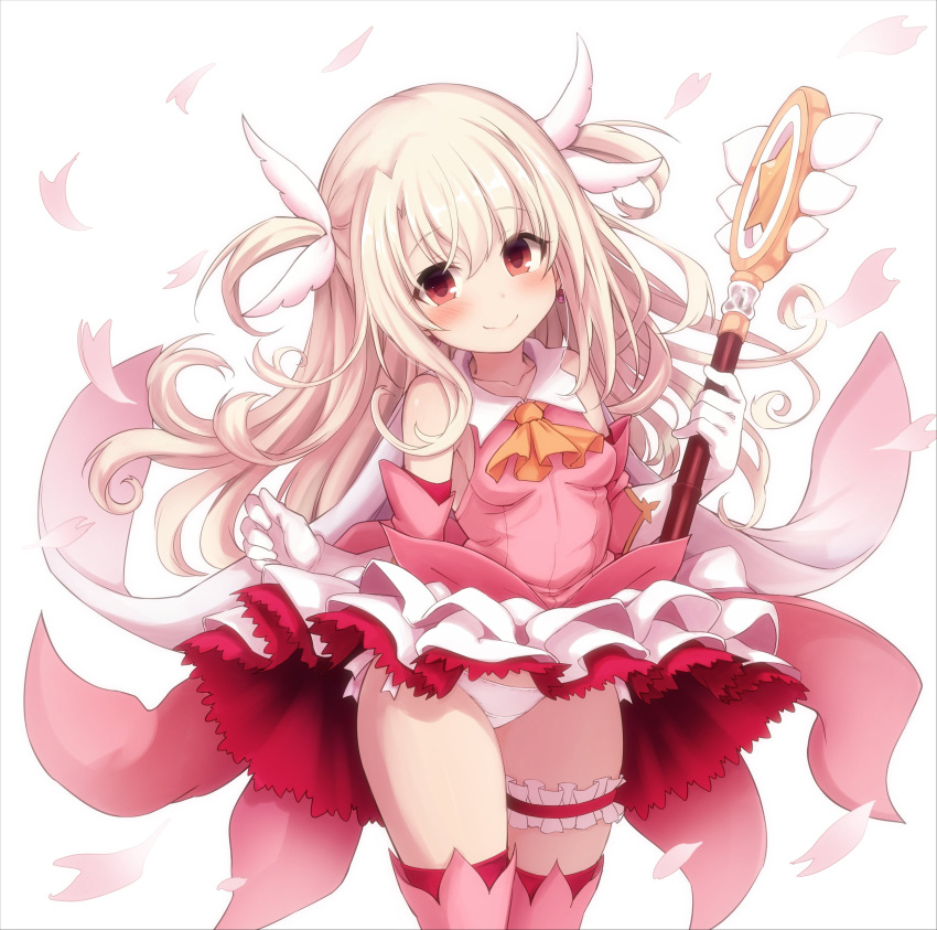 1girl absurdres bangs bare_shoulders blonde_hair blush breasts closed_mouth commentary_request detached_sleeves dress dress_lift eyebrows_visible_through_hair fate/kaleid_liner_prisma_illya fate_(series) feathers gloves hair_between_eyes hair_feathers highres holding holding_staff long_hair looking_at_viewer magical_girl open_mouth panties petals pink_legwear prisma_illya red_eyes shirt sleeveless sleeveless_shirt small_breasts smile solo staff tatsuhiko thighhighs two_side_up underwear white_background white_gloves white_panties
