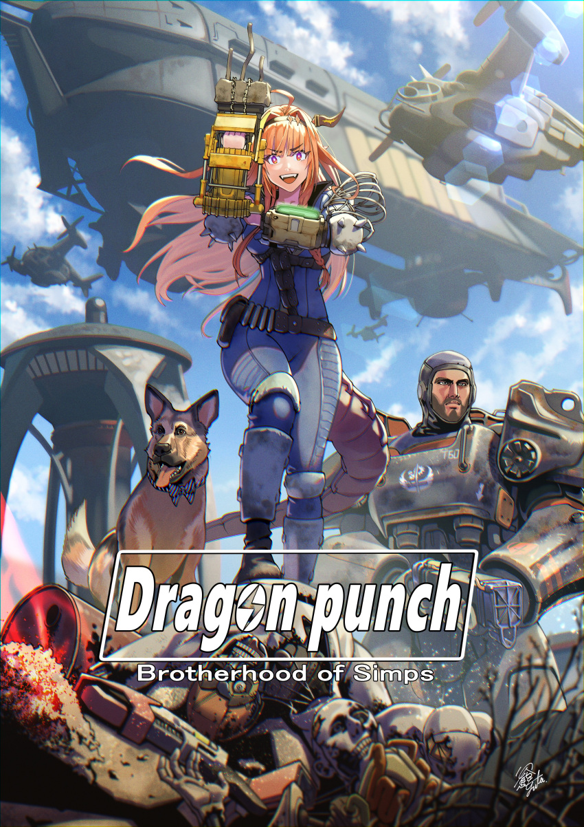 1boy 1girl absurdres ahoge aircraft airship android animal arm_armor arm_up armor bangs belt black_hairband blonde_hair blue_jumpsuit blue_sky blunt_bangs bow bowtie breasts bright_pupils cloud commentary_request danse_(fallout_4) day diagonal-striped_bow dog dogmeat dragon_girl dragon_horns dragon_tail energy_gun energy_weapon english_text eyebrows_visible_through_hair facial_hair fallout_(series) fallout_4 fangs floating_hair foot_out_of_frame german_shepherd gun hair_intakes hairband hand_up highlights highres holding holding_gun holding_weapon hololive horns improvised_weapon kiryu_coco lens_flare long_hair looking_at_viewer multicolored multicolored_eyes multicolored_hair open_mouth orange_hair outdoors parody pip_boy pointy_ears pose post-apocalypse power_armor power_fist purple_eyes red_eyes sandal_master scales shoulder_armor signature sky standing streaked_hair striped striped_bow tail title_parody upper_teeth utility_belt vault_suit virtual_youtuber weapon white_pupils wind