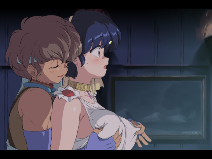 1980s_(style) 1boy 1girl 2021 artist_name blue_hair blush breasts brown_hair closed_eyes dated elbow_gloves fingerless_gloves from_side gloves hairband large_breasts letterboxed mage_(harumagedon) muscular open_mouth picture_frame ranma_1/2 retro_artstyle short_hair tendou_akane touma_(ranma_1/2)