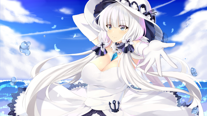 1girl air_bubble anchor azur_lane bare_shoulders black_ribbon blue_eyes blue_sky breasts bubble cleavage cloud detached_collar dress elbow_gloves eyebrows_visible_through_hair gloves hair_ribbon hat highres illustrious_(azur_lane) lace-trimmed_dress lace_trim large_breasts long_hair looking_at_viewer ocean outstretched_arm ramune_(cherrykde) ribbon sapphire_(gemstone) sky sleeveless sleeveless_dress solo strapless strapless_dress sun_hat tri_tails upper_body very_long_hair water white_dress white_gloves white_hair white_headwear