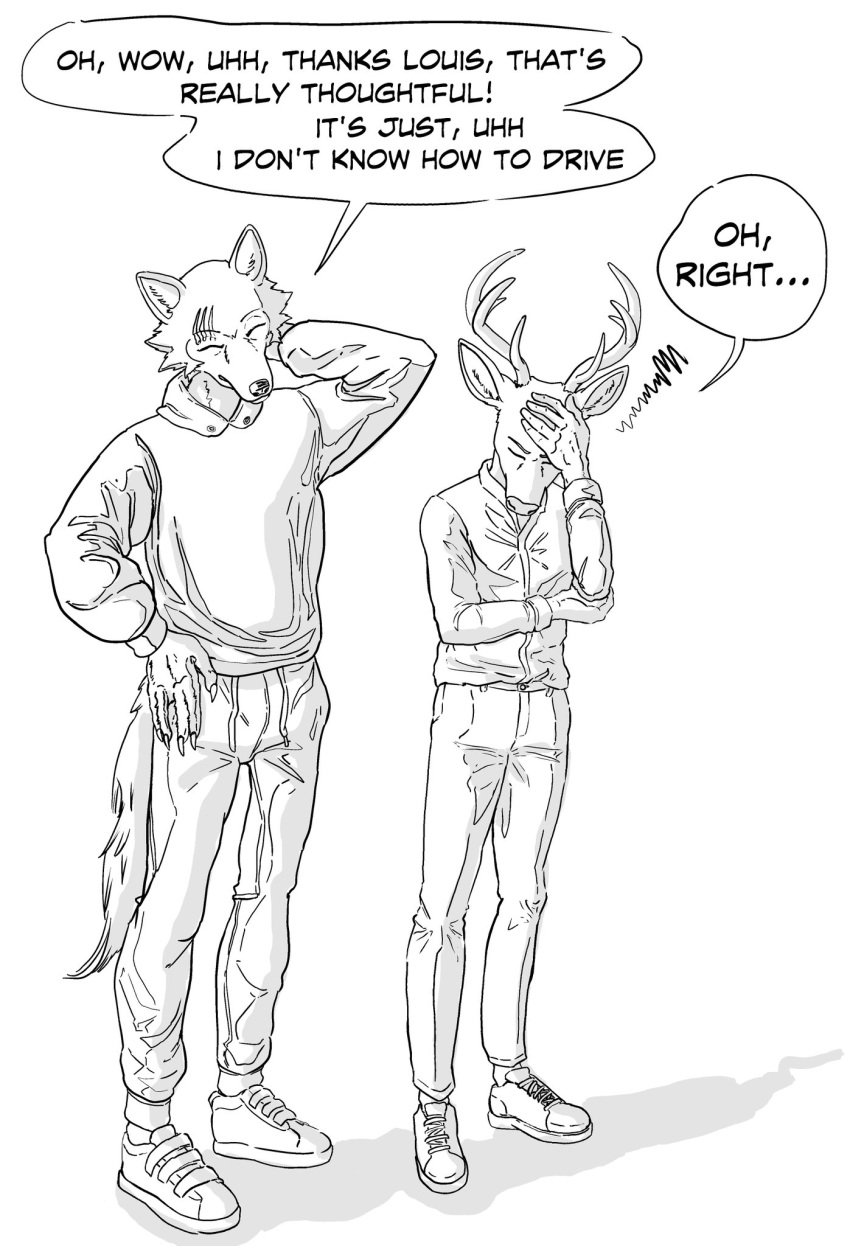 2021 anthro antlers beastars black_and_white bottomwear canid canine canis cervid clothed clothing dialogue duo english_text eyes_closed facepalm ffog footwear hand_behind_head hi_res hoodie horn jacket legoshi_(beastars) louis_(beastars) male mammal monochrome pants scar shoes simple_background standing text topwear white_background wolf
