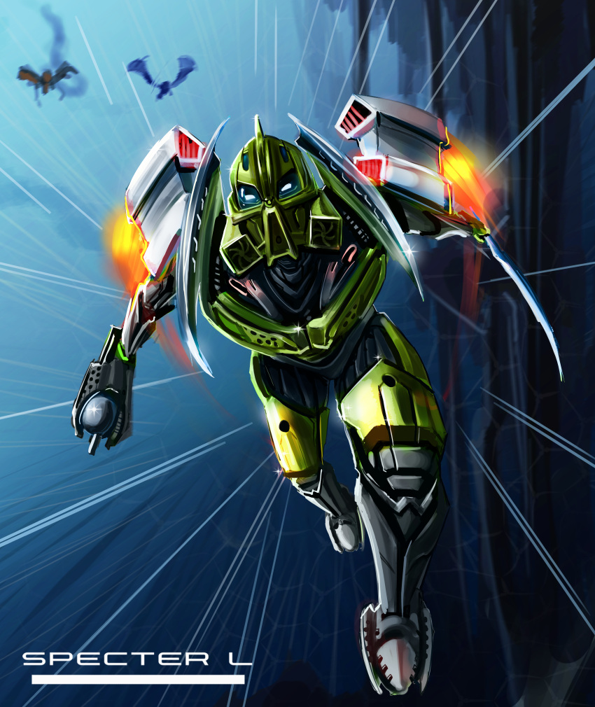 2021 absurd_res action_pose action_scene ambiguous_gender armor bionicle biped blue_background digital_drawing_(artwork) digital_media_(artwork) english_text fingers green_body gun hi_res holding_object holding_weapon humanoid lego lewa living_machine looking_at_viewer machine mask melee_weapon motion_lines multicolored_body not_furry pose ranged_weapon robot robot_humanoid silver_body simple_background solo specter_l standing sword text thrusters toa weapon