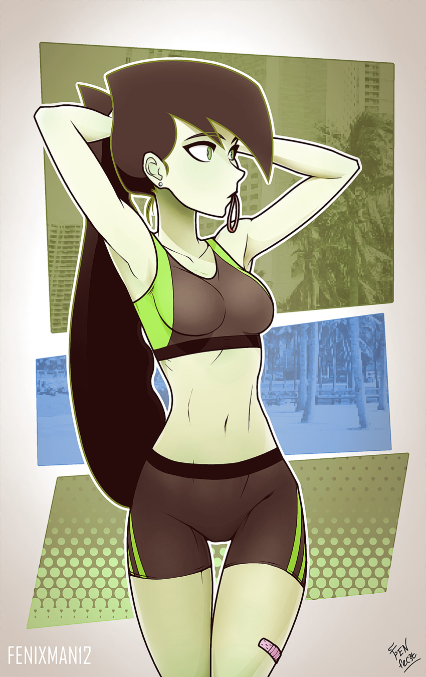 1girl adjusting_hair armpits arms_up artist_name bandaid black_hair colored_skin cowboy_shot earrings fenixman12 green_eyes green_skin highres jewelry kim_possible long_hair mouth_hold navel outline ponytail shego signature solo sports_bra sportswear very_long_hair white_outline