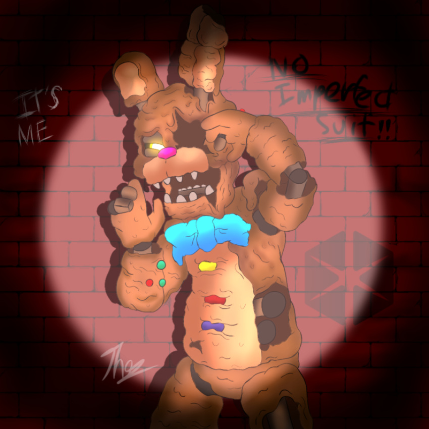 1:1 1_eye 2021 animatronic anthro bonnie_(fnaf) bow_tie brick brick_wall brown_body candy chocolate chocolate_bonnie_(fnaf) dessert endoskeleton english_text exposed_endoskeleton featureless_crotch five_nights_at_freddy's five_nights_at_freddy's_ar flashlight food food_creature lagomorph leporid light long_ears looking_at_viewer machine male mammal melted_chocolate_bonnie_(fnaf) melting multicolored_body narrowed_eyes notched_ear nude open_mouth outside pink_nose portrait rabbit raised_arm robot solo squint standing tan_body teeth text thyneedraws torn_body torn_leg video_games wall_(structure) yellow_eyes