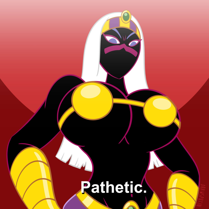 1:1 2021 alien alien_humanoid armor big_breasts black_body black_skin breasts drawsputin duck_dodgers english_text female hair hi_res humanoid jewelry long_hair martian mouthless not_furry purple_eyes queen_tyr'ahnee red_background simple_background solo text white_hair
