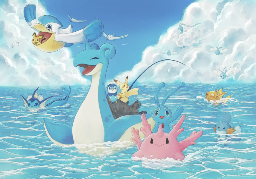 :&gt; afloat altaria alternate_color black_eyes closed_eyes closed_mouth cloud commentary_request corsola day fishing fishing_rod flying gen_1_pokemon gen_2_pokemon gen_3_pokemon gen_4_pokemon lapras magikarp manaphy mudkip mythical_pokemon no_humans okowa_0141 open_mouth outdoors pelipper pichu pikachu piplup pokemon pokemon_(creature) riding_pokemon shiny_pokemon sky smile swablu tongue vaporeon water wingull