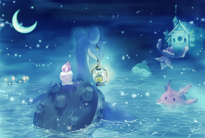 afloat building chinchou commentary_request corsola crescent_moon gen_1_pokemon gen_2_pokemon gen_5_pokemon glowing highres jellicent jellicent_(female) jellicent_(male) joltik lantern lapras litwick looking_at_viewer looking_back moon mouth_hold okowa_0141 outdoors pokemon signature sky water yellow_eyes