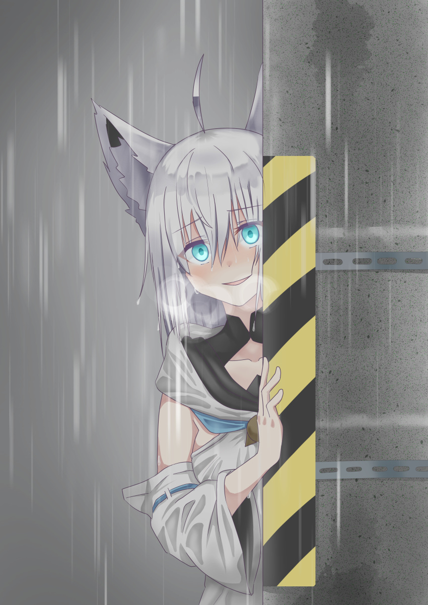 1girl absurdres ahoge animal_ear_fluff animal_ears aqua_eyes bangs blue_neckwear bush detached_sleeves fox_ears fox_girl front_slit glowing glowing_eyes hair_between_eyes heavy_breathing highres hololive hololive_gamers hood hoodie long_hair micon neckerchief peeking peeking_out peeping rain shaded_face shirakami_fubuki smile solo stalking staring strapless virtual_youtuber wet wet_clothes wet_hair white_hair white_hoodie white_sleeves wide_sleeves yandere