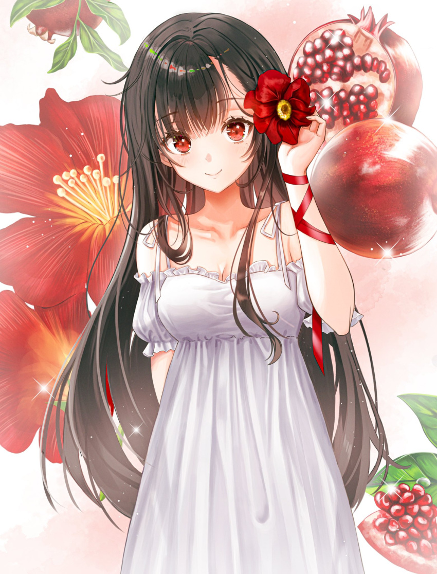 1girl arm_behind_back bangs bare_shoulders black_hair blush breasts cleavage closed_mouth collarbone detached_sleeves dress eyebrows_visible_through_hair flower food fruit hair_flower hair_ornament highres long_hair looking_at_viewer medium_breasts mole mole_under_eye original pomegranate pora_0918 red_eyes red_ribbon ribbon short_sleeves smile solo standing white_dress