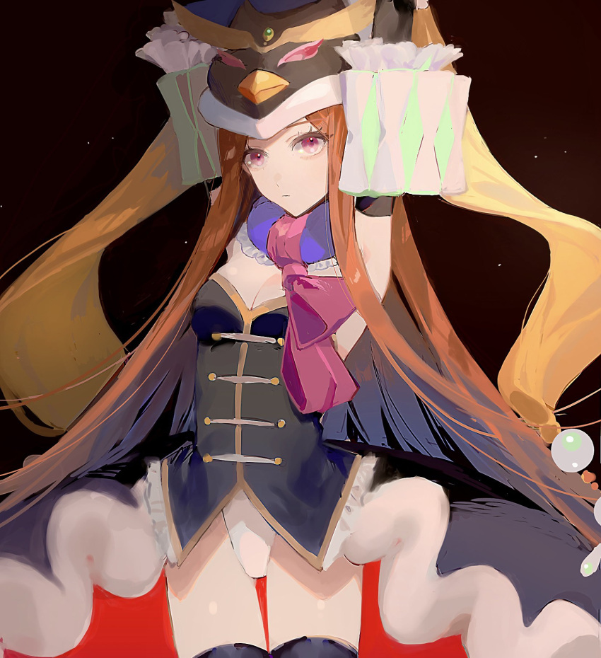 1girl arms_up black_gloves black_skirt blue_neckwear brown_hair closed_mouth elbow_gloves frilled_armband gloves hat highres leotard long_hair looking_at_viewer mawaru_penguindrum nima_(nimamann) penguin_hat pink_eyes pink_ribbon princess_of_the_crystal ribbon simple_background skirt solo white_leotard