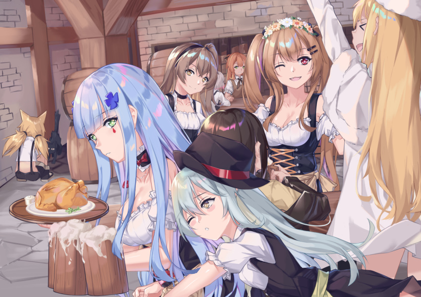 404_(girls_frontline) 6+girls alcohol animal_ears barmaid barrel bartender beer beer_mug cat cat_ears cup dp28_(girls_frontline) fedora fuyukin_chiba g11_(girls_frontline) gentiane_(girls_frontline) german_clothes girls_frontline hat highres hk416_(girls_frontline) idw_(girls_frontline) m16a1_(girls_frontline) m1903_springfield_(girls_frontline) mug multiple_girls scar scar_across_eye stone_floor stone_wall table tavern ump45_(girls_frontline) ump9_(girls_frontline) wall