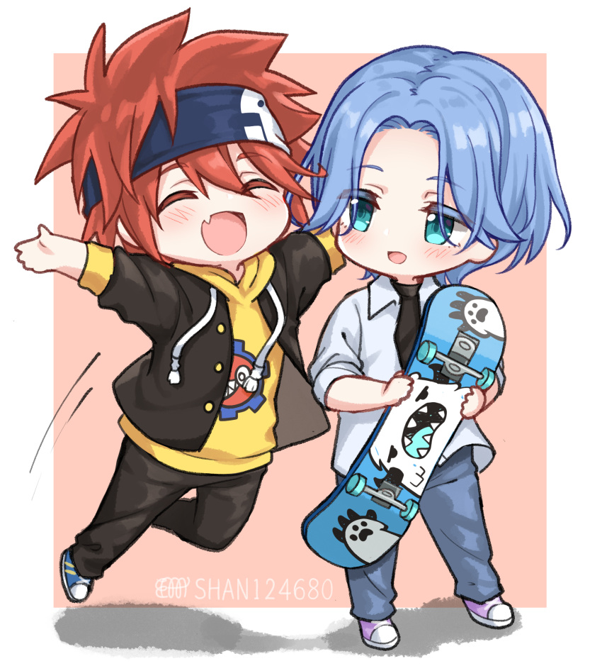 2boys ^_^ artist_name big_cat_shan blue_eyes blue_hair blush chibi closed_eyes collared_shirt denim fang headband highres hood hoodie jeans jumping kyan_reki langa_hasegawa male_focus multiple_boys open_mouth pants red_hair shirt sk8_the_infinity skateboard smile