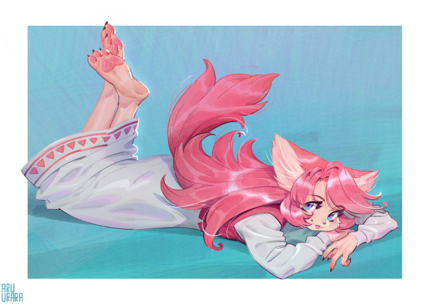 2021 anthro aruurara blue_background blue_eyes canid claws clothed clothing dress female fur hair hi_res legs_up long_hair looking_at_viewer lying mammal on_front pawpads pink_body pink_fur pink_hair shaded simple_background smile solo textless tongue tongue_out