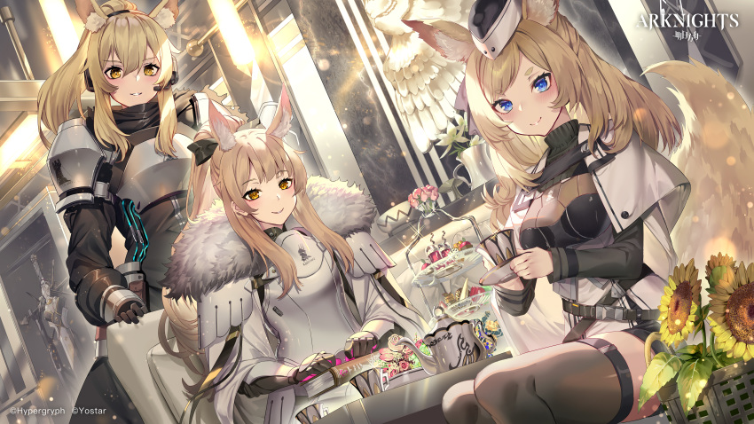 3girls absurdres animal_ear_fluff animal_ears arknights armor aunt_and_niece bangs belt black_belt black_dress black_headwear black_legwear blemishine_(arknights) blonde_hair blue_eyes breastplate commentary copyright_name cup dress dutch_angle flower fur_trim grin hair_between_eyes headset highres holding holding_cup indoors kingdom_of_kazimierz_logo long_hair long_sleeves looking_at_viewer multiple_girls nearl_(arknights) parted_lips pauldrons shoulder_armor siblings sisters sitting smile sunflower teacup teapot thighhighs thighs whislash_(arknights) yellow_eyes yellow_flower yoshimoto_(dear_life)