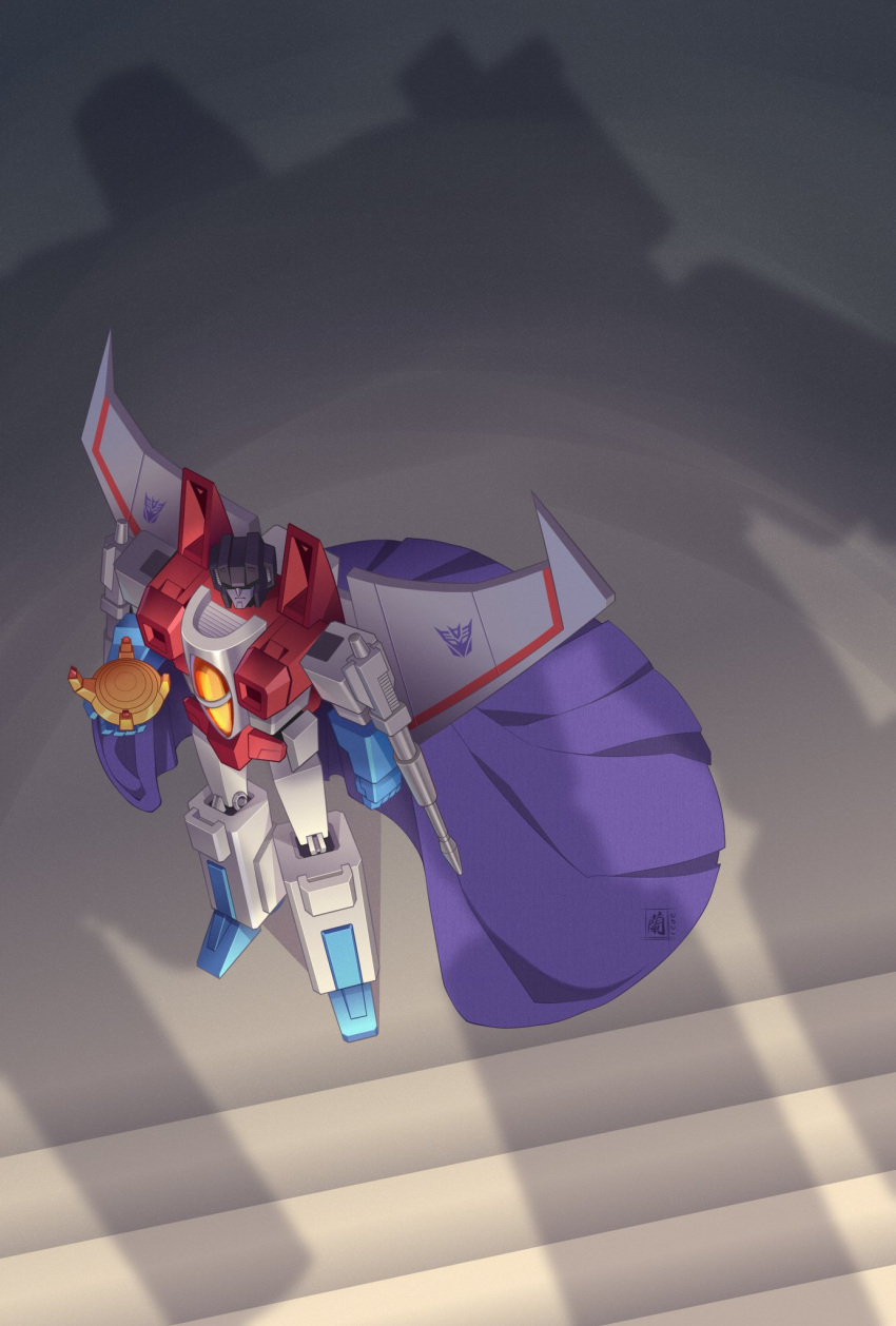 1boy arm_cannon cape clenched_hand crown decepticon highres holding_crown lantana0_0 looking_up mecha megatron purple_cape science_fiction shadow solo_focus starscream transformers weapon