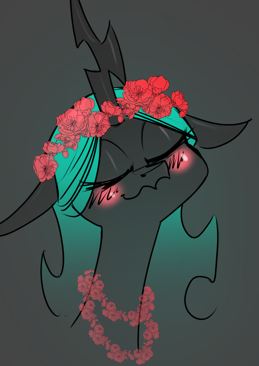 2021 absurd_res arthropod blush changeling eyes_closed female flower flower_crown flower_necklace friendship_is_magic green_hair hair hasbro hi_res horn my_little_pony plant portrait queen_chrysalis_(mlp) solo underpable