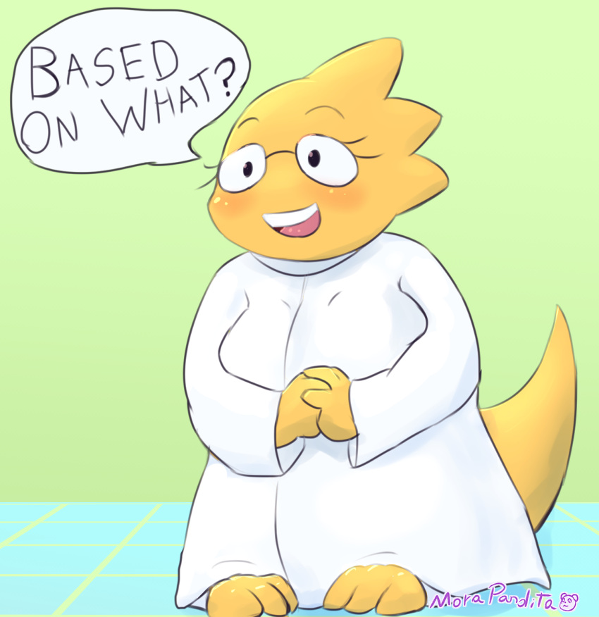alphys anthro barefoot big_breasts blush breasts buckteeth clasped_hands clothed clothing coat dialogue english_text eyewear feet female front_view fully_clothed glasses hi_res inside lab_coat lizard looking_at_viewer meme morapandita non-mammal_breasts open_mouth open_smile pigeon_toed reptile scales scalie signature smile solo speech_bubble standing teeth text thick_tail topwear undertale video_games yellow_body yellow_scales