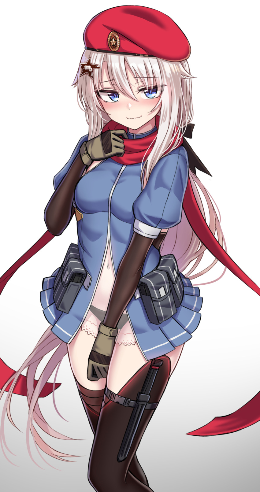 1girl 9a-91_(girls_frontline) beret black_panties blue_dress blue_eyes blush breasts closed_mouth dress girls_frontline gloves hair_ornament hat highres long_hair looking_at_viewer navel panties puffy_short_sleeves puffy_sleeves red_headwear red_scarf scarf see-through short_sleeves silver_hair solo star_(symbol) star_hair_ornament thighhighs underwear white_background yakob_labo