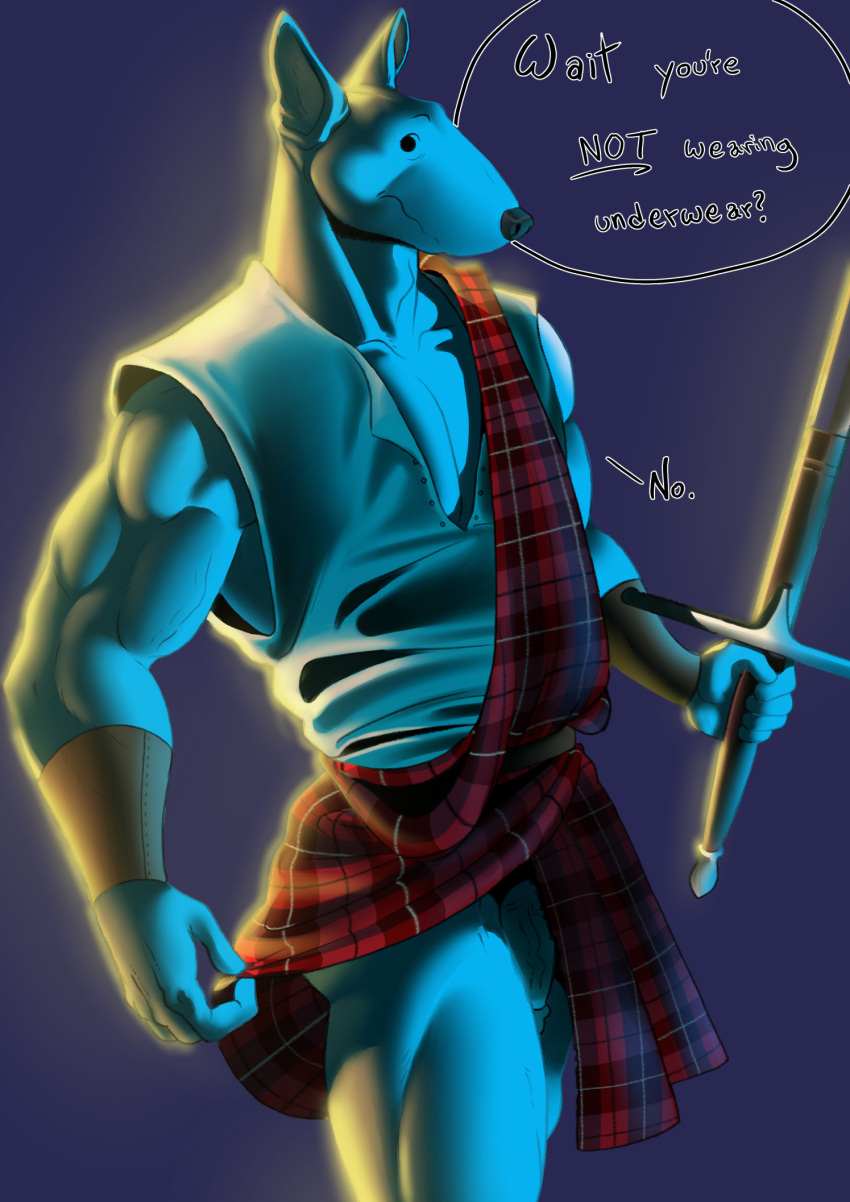 2021 anthro bull_terrier canid canine canis domestic_dog english_text genitals hi_res humanoid_genitalia humanoid_penis hunting_dog julius kilt male mammal melee_weapon muscular muscular_anthro muscular_male penis plaid simple_background simple_eyes solo sword terrier text tush vein veiny_penis weapon
