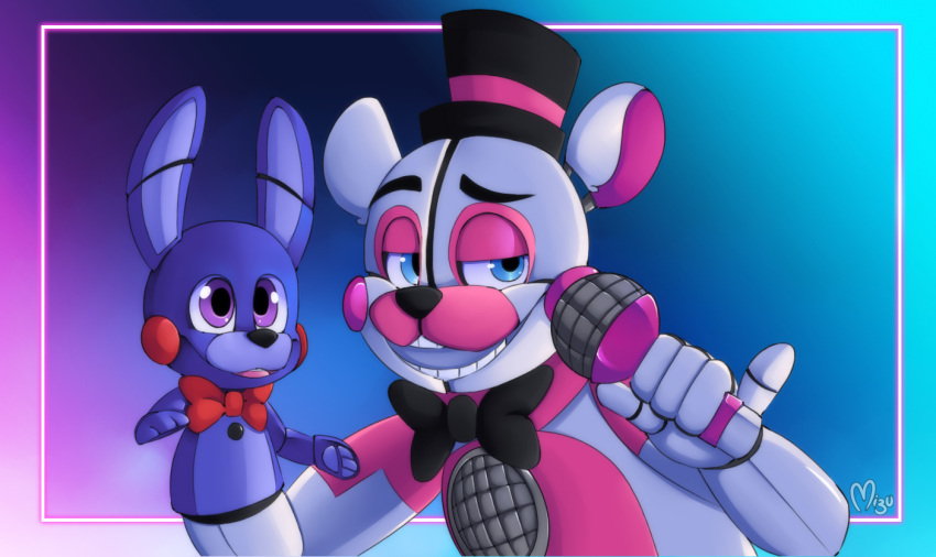 2020 ambiguous_gender animatronic anthro black_nose blazemizu blue_background blue_eyes bow_tie close-up clothing duo five_nights_at_freddy's funtime_freddy_(fnafsl) half-closed_eyes hat headgear headwear lagomorph leporid long_ears looking_at_viewer looking_away machine male mammal microphone multicolored_body narrowed_eyes open_mouth pawpads paws pink_body portrait puppet puppet_bonnie_(fnafsl) purple_background purple_body purple_eyes rabbit raised_finger raised_pinky robot rosy_cheeks round_ears simple_background singer sister_location size_difference smile smug standing teeth tongue toony top_hat ursid video_games white_body
