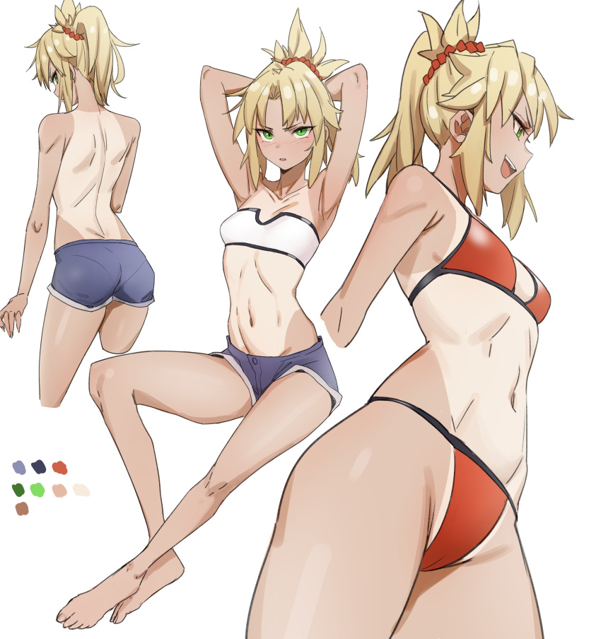 1girl absurdres armpit_crease ass bandeau bare_legs barefoot bikini blonde_hair blush breasts capelet cropped_arms cropped_legs cutoffs denim denim_shorts fate/grand_order fate_(series) from_behind from_below from_side green_eyes groin hands_in_hair highres kiritzugu legs looking_at_viewer looking_back mordred_(fate) mordred_(fate)_(all) mordred_(swimsuit_rider)_(fate) navel nose_blush open_mouth pantylines ponytail red_bikini red_scrunchie scrunchie shorts small_breasts smile swimsuit tan tanline white_background