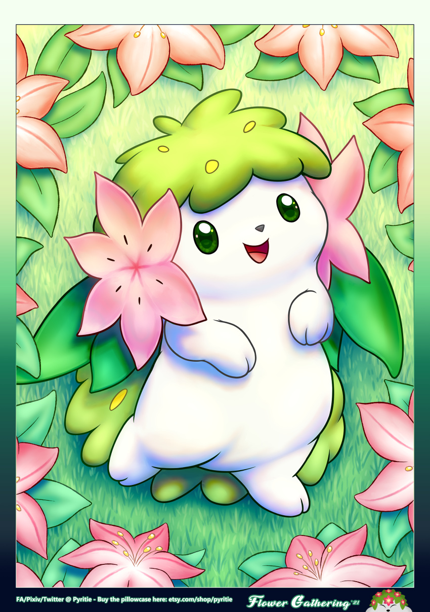 2021 absurd_res ambiguous_gender digital_media_(artwork) feral flower gracidea_flower grass green_eyes hi_res kemono land_forme_shaymin leaf legendary_pok&eacute;mon looking_at_viewer lying nintendo nude on_back open_mouth open_smile outside plant pok&eacute;mon pok&eacute;mon_(species) pyritie shaymin smile solo text url video_games white_body