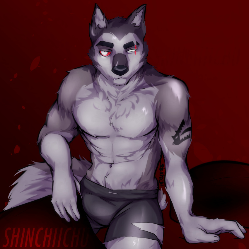 2021 abs absurd_res anthro biceps boxers_(clothing) bulge canid canid_demon canine canis clothed clothing demon digital_drawing_(artwork) digital_media_(artwork) eye_scar facial_scar fur genital_outline grey_body grey_fur hellhound helluva_boss hi_res looking_at_viewer male mammal muscular muscular_anthro muscular_male navel pecs penis_outline pinup portrait pose red_eyes red_sclera scar shaded shinchiichu signature simple_background smile solo teeth topless underwear vortex_(vivzmind) watermark white_eyes wolf