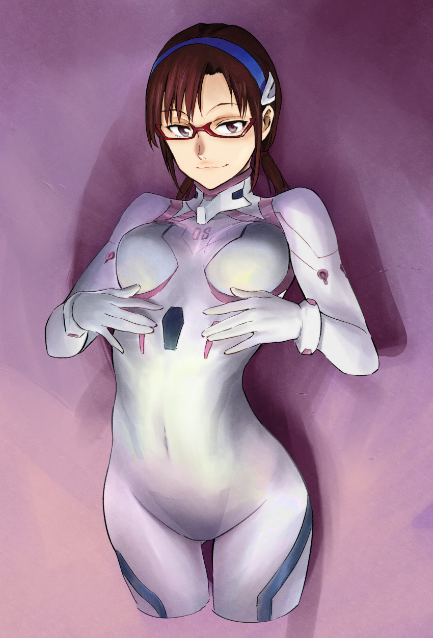 1girl absurdres bodysuit breasts brown_eyes brown_hair covered_navel cowboy_shot evangelion:_3.0+1.0_thrice_upon_a_time highres low_twintails makinami_mari_illustrious medium_breasts neon_genesis_evangelion plugsuit rebuild_of_evangelion semi-rimless_eyewear sidelocks smile solo twintails under-rim_eyewear uzuki_noboru_(denchuu_shoujo) white_bodysuit