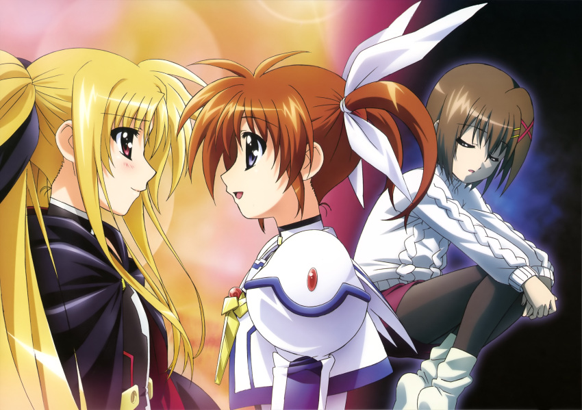 3girls absurdres blonde_hair brown_hair closed_eyes couple eye_contact fate_testarossa happy highres long_hair looking_at_another lyrical_nanoha mahou_shoujo_lyrical_nanoha mahou_shoujo_lyrical_nanoha_a's medium_hair multiple_girls official_art okuda_yasuhiro orange_hair purple_eyes red_eyes sad short_twintails skirt smile sweater takamachi_nanoha twintails yagami_hayate yuri