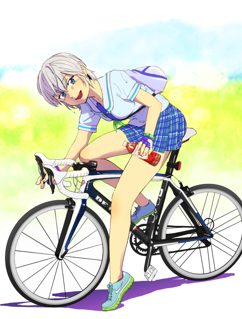 1girl anastasia_(idolmaster) backpack bag between_breasts bicycle blue_eyes bottle breasts fingerless_gloves from_side full_body gloves ground_vehicle highres idolmaster idolmaster_cinderella_girls looking_at_viewer medium_breasts miniskirt multicolored multicolored_clothes multicolored_gloves plaid plaid_skirt pleated_skirt school_uniform serafuku shiny shoes short_hair silver_hair skirt sneakers solo strap_between_breasts uzuki_noboru_(denchuu_shoujo)