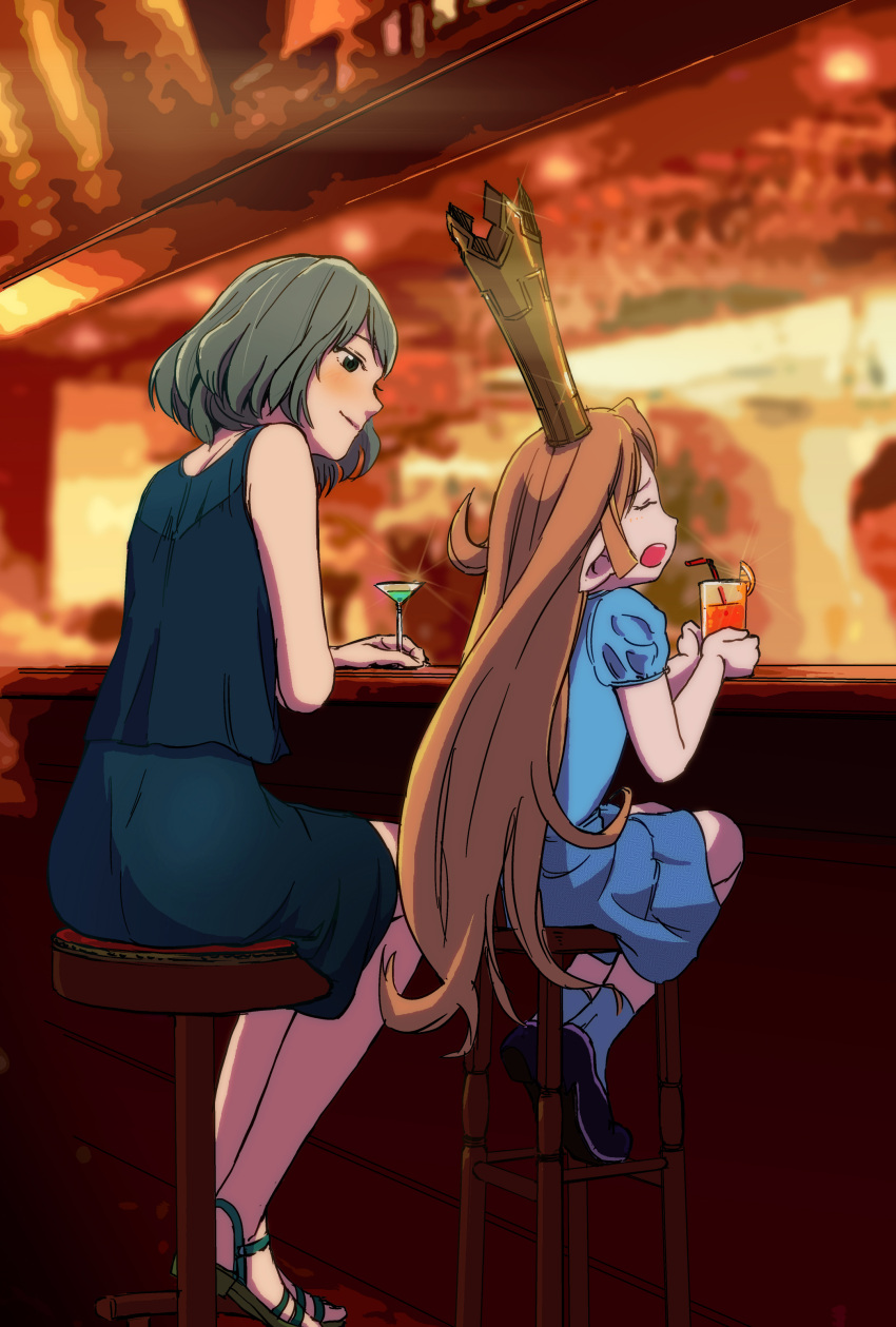 2girls absurdres bar black_eyes black_skirt blue_dress brown_hair charlotta_fenia closed_eyes cocktail_glass commentary_request crossover crown cup dress drinking_glass drinking_straw granblue_fantasy highres idolmaster idolmaster_cinderella_girls long_hair multiple_girls open_mouth orange_hair pointy_ears puffy_short_sleeves puffy_sleeves short_sleeves skirt sparkle stool takagaki_kaede tall_crown uzuki_noboru_(denchuu_shoujo)