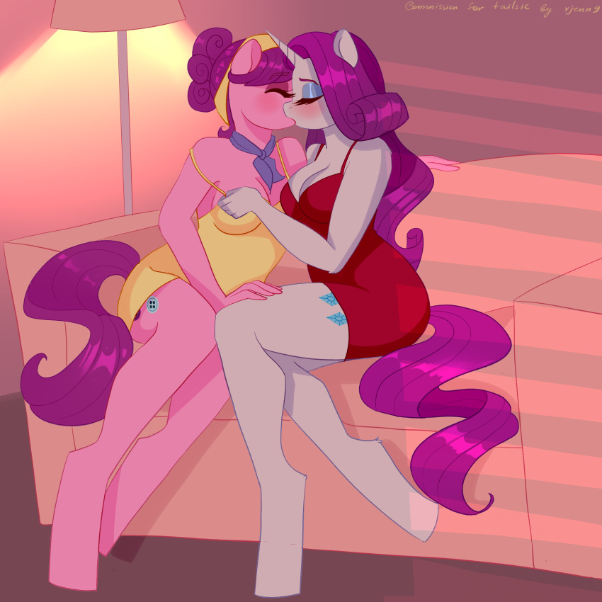 absurd_res anthro anthro_on_anthro anthrofied breasts cleavage clothed clothing duo equid equine female female/female friendship_is_magic hair hasbro hi_res horn kissing mammal my_little_pony off_shoulder purple_hair rarity_(mlp) suri_polomare_(mlp) unicorn white_body xjenn9