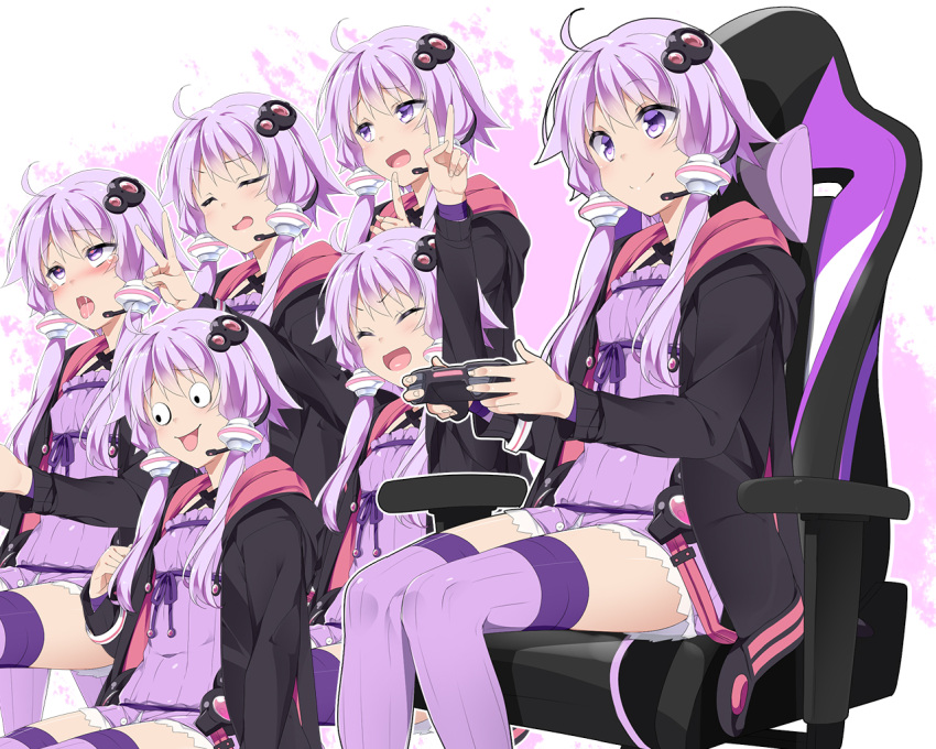 1girl ahegao ahoge arms_up black_jacket blush chair closed_eyes commentary controller criss-cross_halter double_v dress expressions finger_to_own_chin furrowed_eyebrows game_controller gaming_chair hair_ornament hair_tubes halterneck headset hip_gear holding holding_controller holding_game_controller hood hooded_jacket jacket mtu_(orewamuzituda) open_mouth outstretched_arms purple_dress purple_eyes purple_hair purple_legwear raised_eyebrow short_hair_with_long_locks sidelocks sitting smile standing thighhighs v v-shaped_eyebrows vocaloid voiceroid yuzuki_yukari zettai_ryouiki