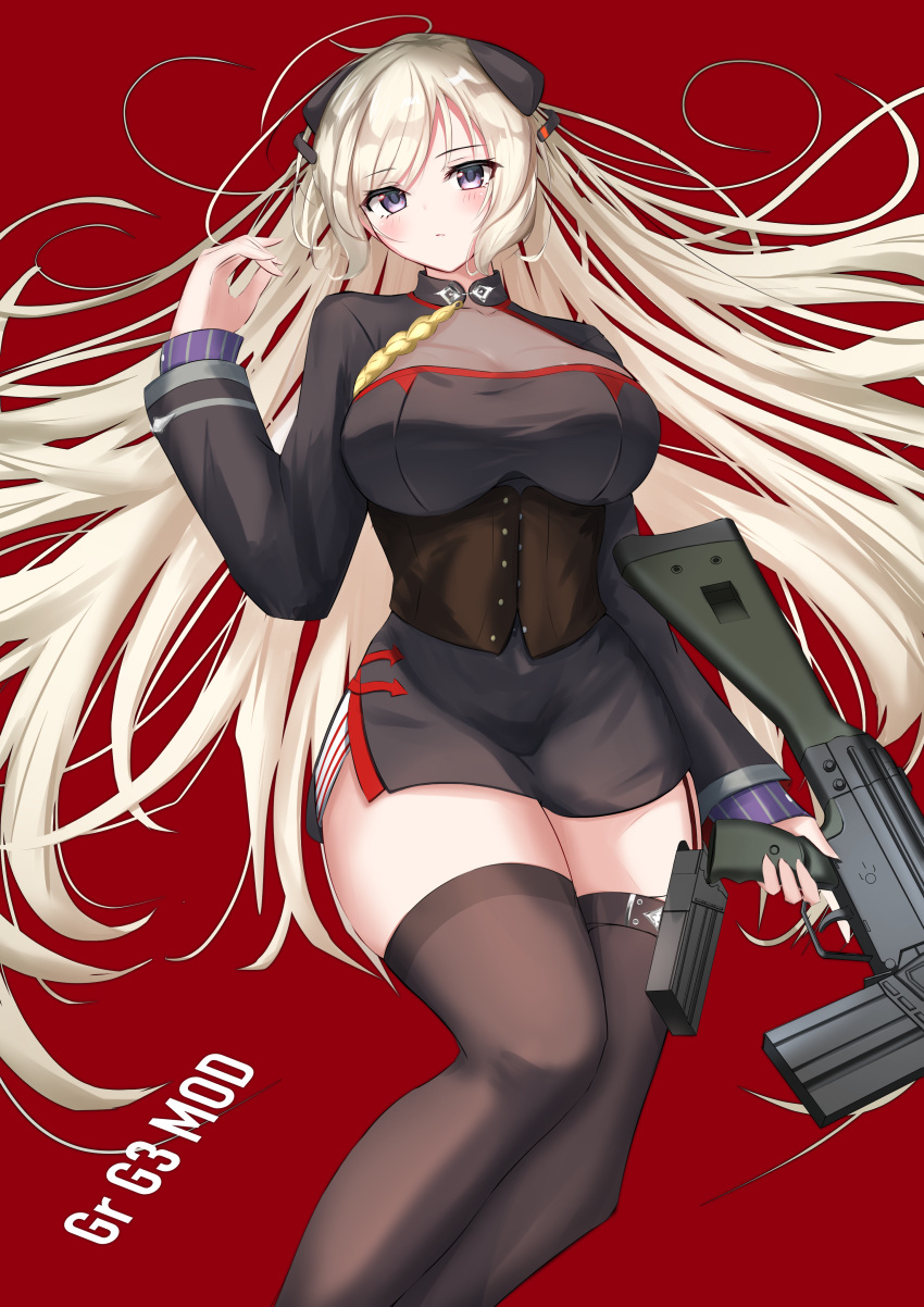 1girl absurdres bangs battle_rifle black_legwear blonde_hair blush breasts character_name closed_mouth corset eyebrows_visible_through_hair g3_(girls_frontline) girls_frontline gun h&amp;k_g3 highres holding holding_weapon holster large_breasts long_hair looking_at_viewer lying mod3_(girls_frontline) on_back on_floor purple_eyes red_background rifle rynn_(rynn_cube) solo thighhighs uniform weapon