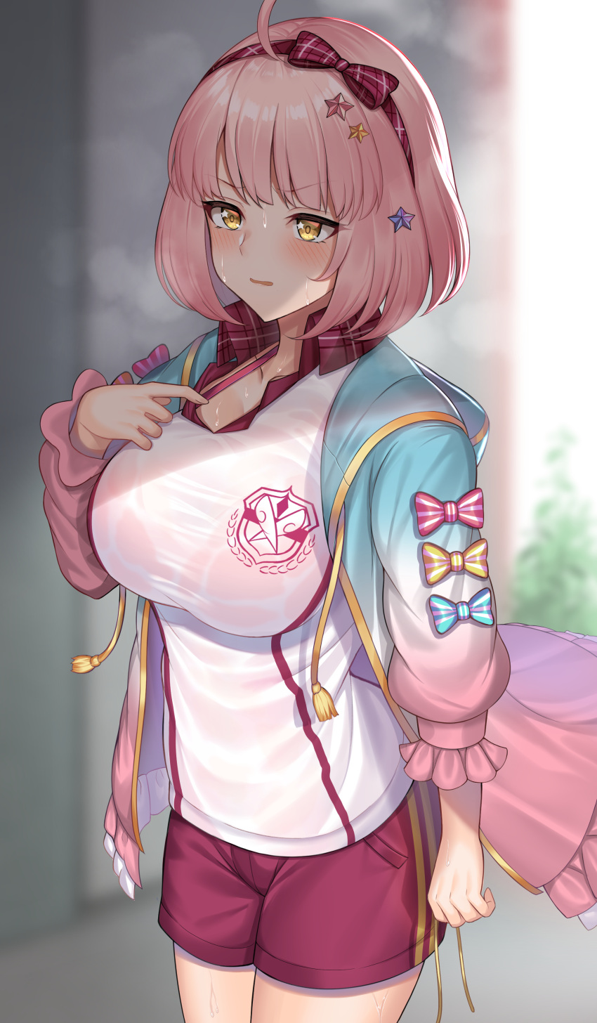 1girl absurdres bangs blurry blush breasts chieru_(princess_connect!) collarbone collared_shirt cowboy_shot depth_of_field eyebrows_visible_through_hair hair_ornament hairband hand_on_own_chest highres jacket komainu_(yamaha1997) large_breasts logo long_sleeves medium_hair multicolored multicolored_clothes multicolored_jacket parted_lips pink_hair princess_connect! princess_connect!_re:dive purple_shorts shirt short_shorts shorts solo star_(symbol) star_hair_ornament sweat white_shirt yellow_eyes