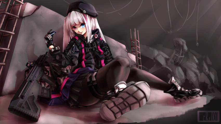 1girl :p absurdres beret blue_eyes close1450 desert_tech_mdr girls_frontline hat heterochromia highres long_hair mdr_(girls_frontline) pink_eyes side_ponytail sitting solo tongue tongue_out very_long_hair