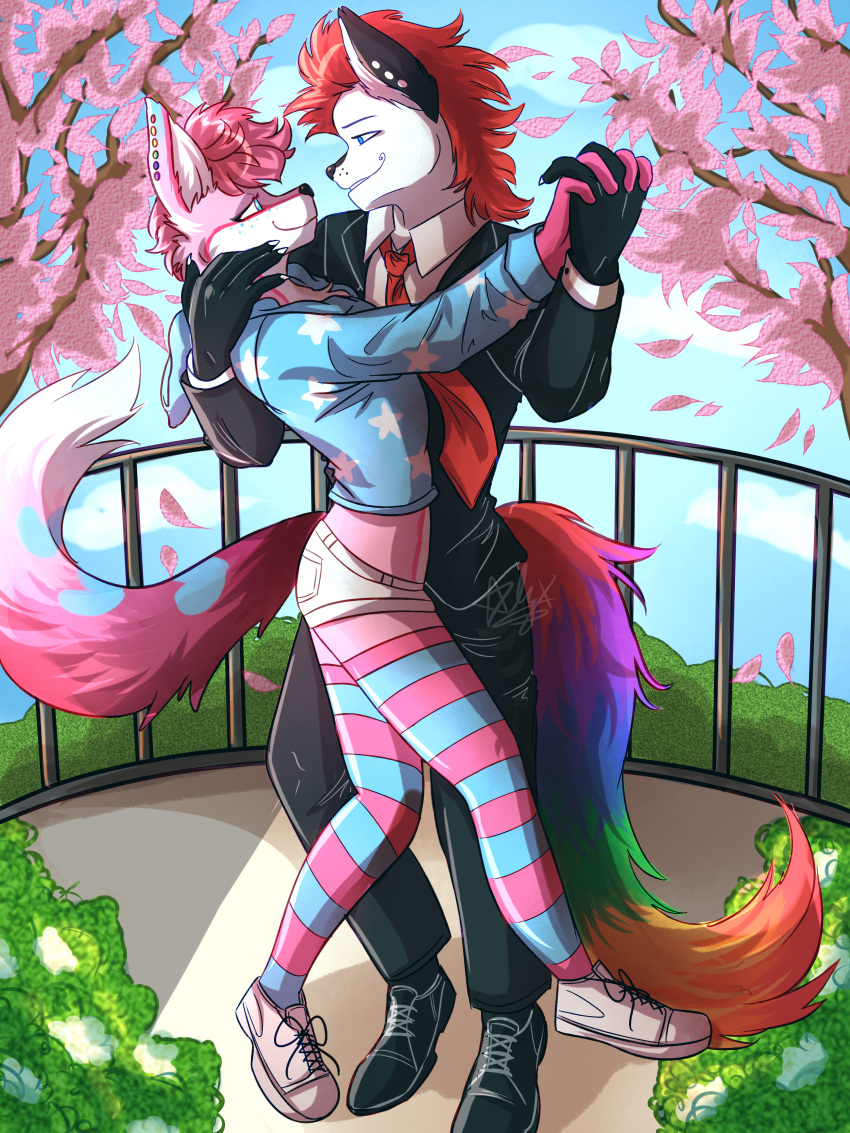 3:4 absurd_res alyxsloane anthro bloadzfronzak canid canine canis cute_expression cute_face dancing girly hair heart_marking heartbeat(hbf) hi_res love male male/male mammal multicolored_tail pink_body pink_hair wolf