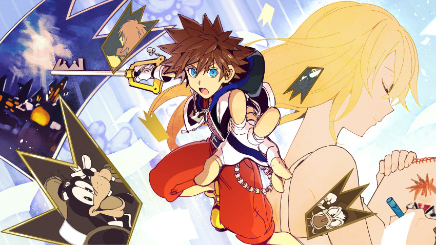 1girl absurdres blonde_hair blue_eyes brown_hair closed_mouth donald_duck fingerless_gloves gloves goofy highres hood jewelry kairi_(kingdom_hearts) keyblade kingdom_hearts kingdom_hearts_chain_of_memories long_hair looking_at_viewer multiple_boys necklace open_mouth pwpwap riku smile sora_(kingdom_hearts) spiked_hair