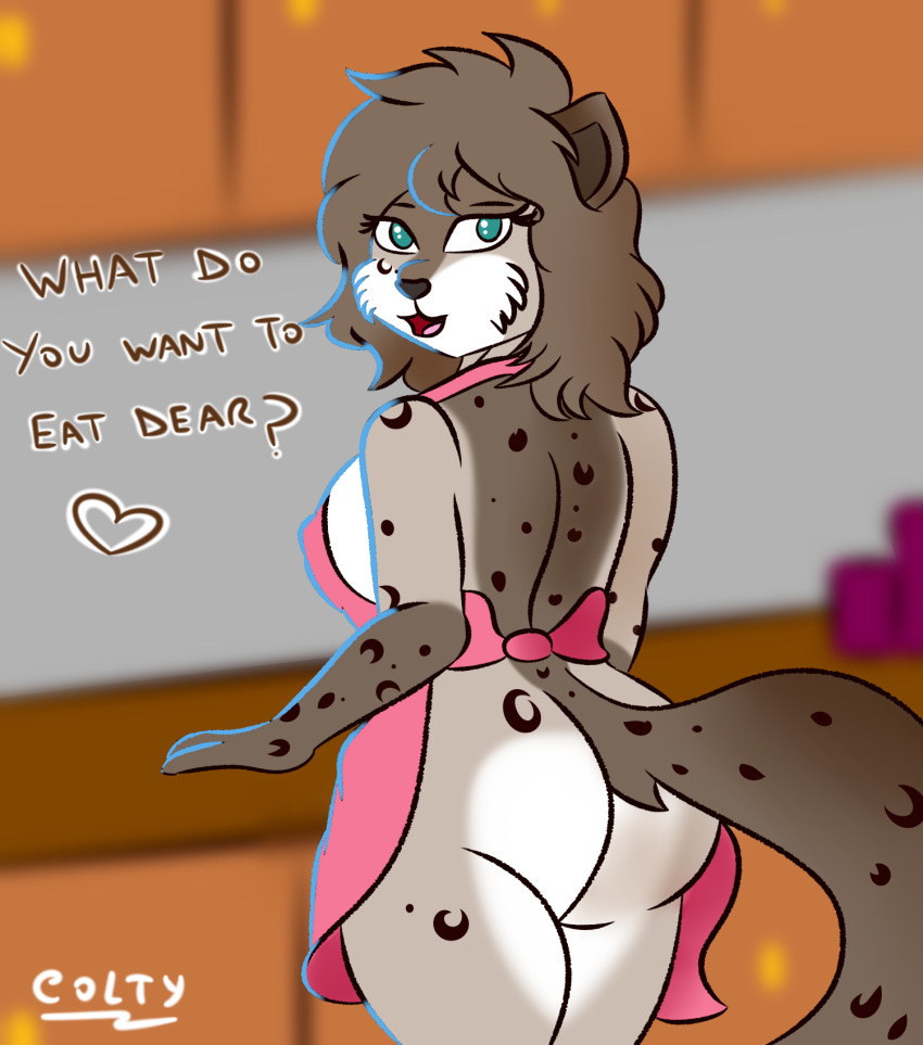 anthro apron apron_only butt canid canine clothing colty8 felid feline female female/female hi_res kathrin_vaughan keidran mammal mostly_nude pinup pose solo suggestive twokinds webcomic