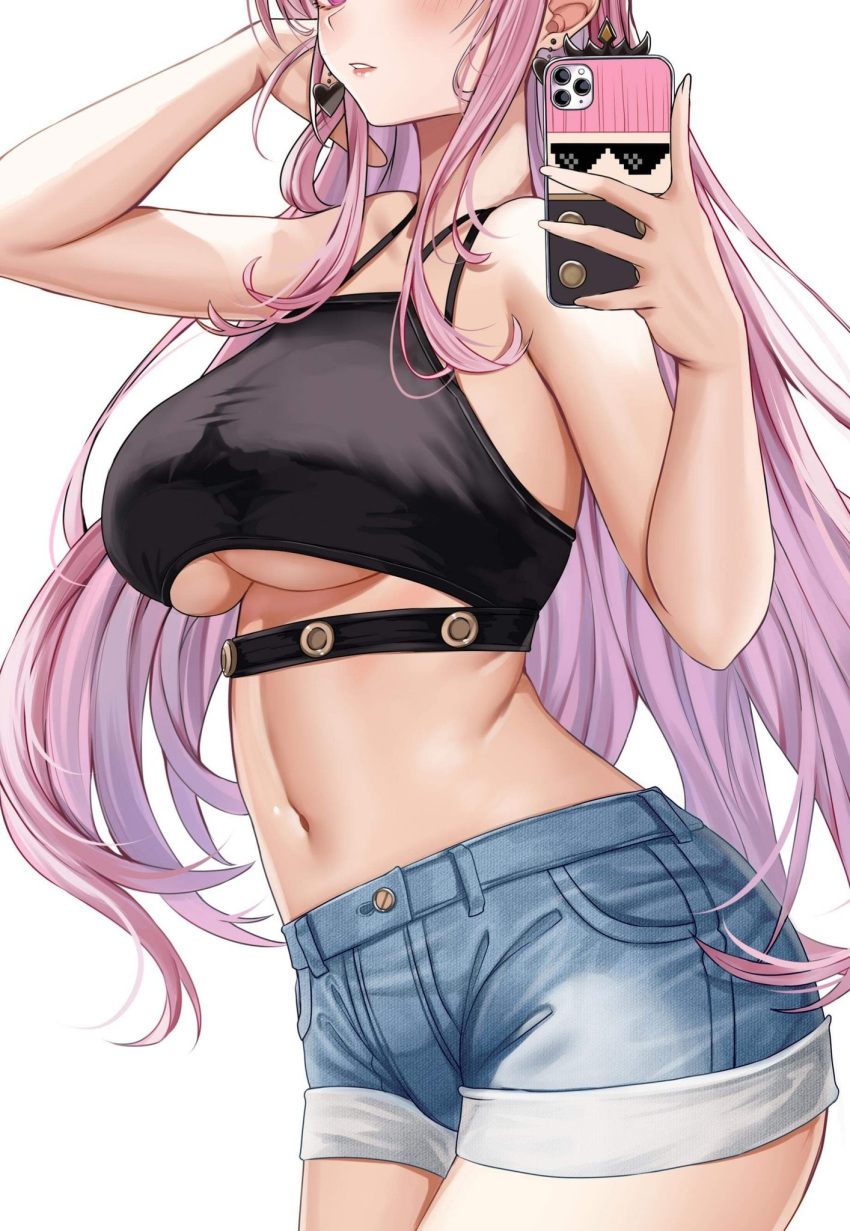 1girl adjusting_hair arm_up bare_shoulders black_shirt breasts cellphone cowboy_shot crop_top denim denim_shorts earrings head_out_of_frame heart heart_earrings highres holding holding_phone hololive hololive_english jewelry large_breasts long_hair midriff mori_calliope navel parted_lips phone pink_eyes pink_hair piukute062 selfie shirt shorts sidelocks simple_background smartphone smartphone_case solo underboob unfinished white_background