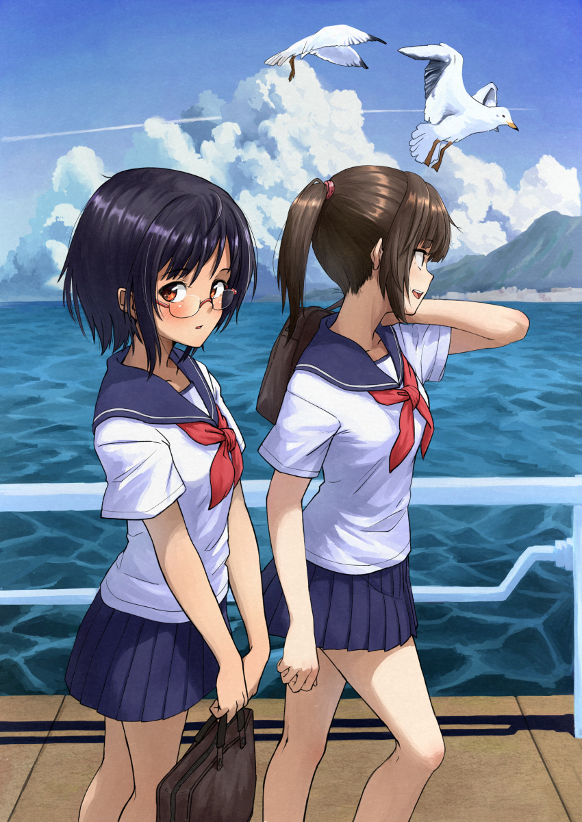 2girls absurdres bag bangs bird black_hair blue_sailor_collar blue_sky boardwalk bob_cut breasts brown_eyes brown_hair cloud commentary condensation_trail flying glasses highres holding holding_bag landscape long_hair looking_afar looking_at_viewer looking_to_the_side mountain multiple_girls neckerchief ocean open_mouth original parted_lips pirafumodoki ponytail railing red-framed_eyewear red_neckwear rimless_eyewear sailor_collar school_bag school_uniform seagull serafuku shirt short_hair sidelocks sky small_breasts smile v_arms walking white_shirt