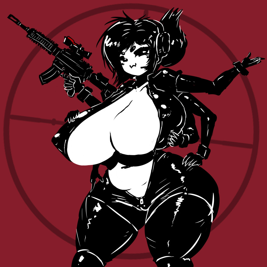 1:1 absurd_res animal_humanoid anthro arachnid arachnid_humanoid arthropod arthropod_humanoid big_breasts black_hair breasts digital_media_(artwork) fangs female gausscannon gun hair hi_res humanoid machine_gun muffet multi_arm multi_eye multi_limb nipple_outline non-mammal_breasts non-mammal_nipples ranged_weapon solo spider spider_humanoid undertale video_games weapon